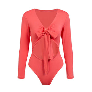 Glamaker Red lace up bow sexy bodysuit Party club hollow out short playsuit women bodysuit Female winter autumn overall bodysuit